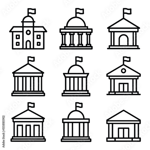 Collection of government building icons with flags isolated on white background