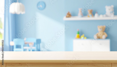 Close-up of the table in the background of the baby room. Empty table concept for displaying baby supplies.