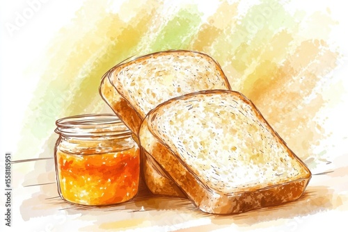 A cozy and warm illustration of two slices of freshly toasted bread alongside a small jar of vibrant orange fruit jam, evoking delicious breakfast moments and comforting aromas.