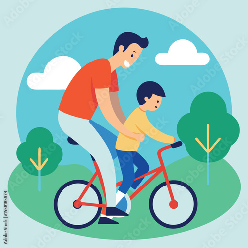 Happy Father and Son Enjoying a Bicycle Ride in the Park on a Sunny Day