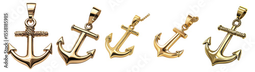 Golden Anchor Pendants Set on Isolated Background for Jewelry Design, Isolated on Transparent, white background