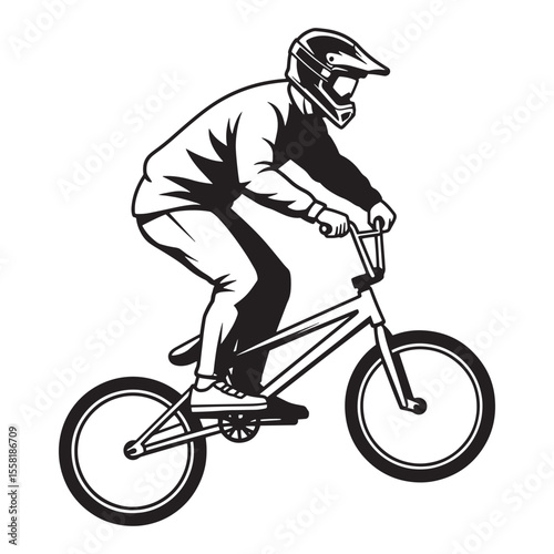 Black and white illustration of a bmx rider performing a stunt on a bicycle with helmet