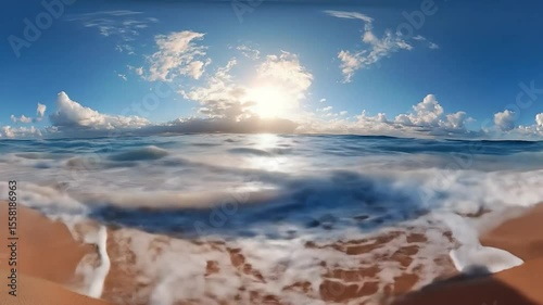 Beach Waves Crashing on Shoreline Under Bright Sunlight and Cloudy Blue Sky 360 View