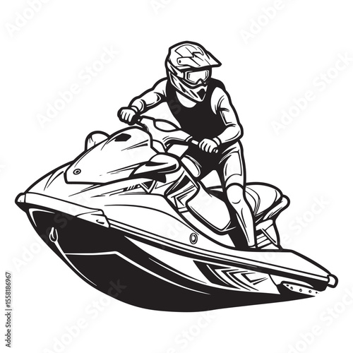 Black and white illustration of a jet ski rider wearing protective gear in motion