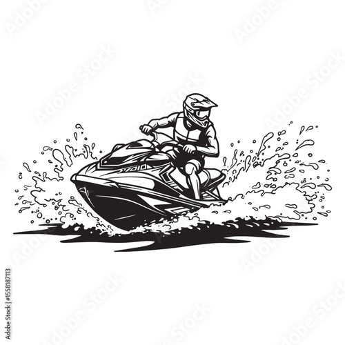 Black and white illustration of a person riding a jet ski on water for recreation