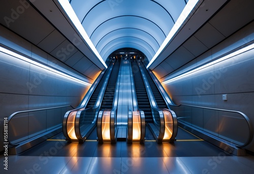 Two modern escalators ascend in a futuristic subway station with blue and orange lighting