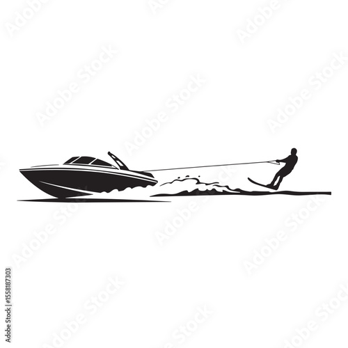 Black and white illustration of a speedboat pulling a water skier across the water