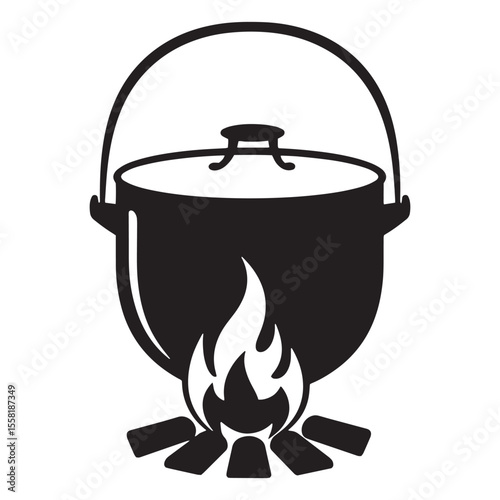 Black and white illustration of campfire cooking pot with burning fire and firewood