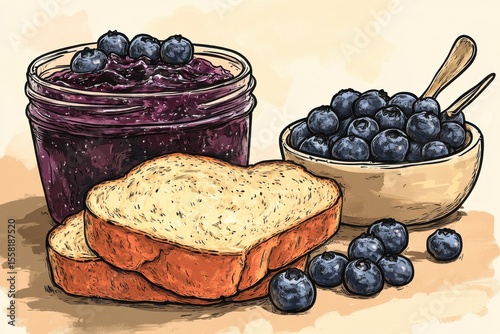 A Delightful Breakfast Scene Featuring Toast with Blueberry Jam, Fresh Blueberries in a Bowl, and Spreadable Fruit, Perfect for Morning Enjoyment and Culinary Inspiration