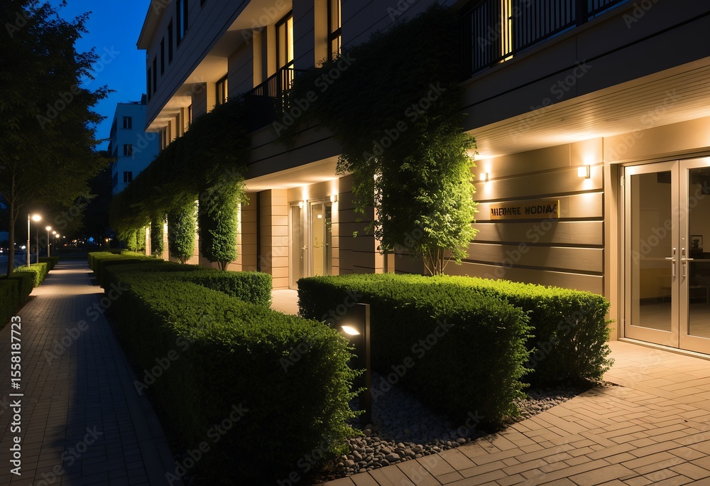 Obraz premium Illuminated modern building facade with manicured bushes and paved walkway at dusk