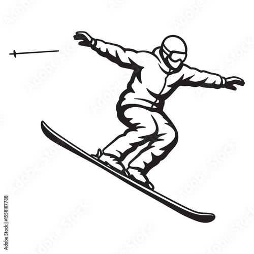 Black and white silhouette of a snowboarder shredding downhill on white background