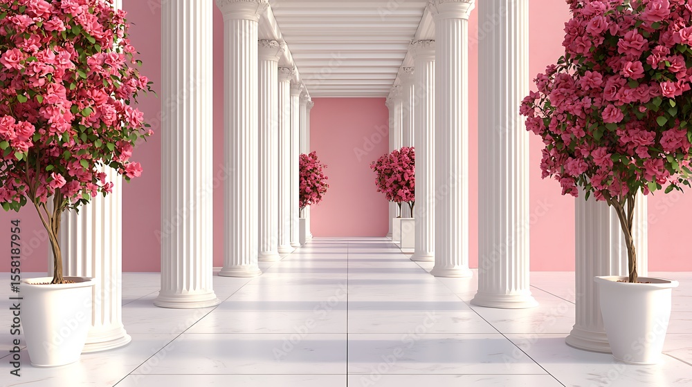 Fototapeta premium Elegant corridor with pink flowers and classic columns in a tranquil setting