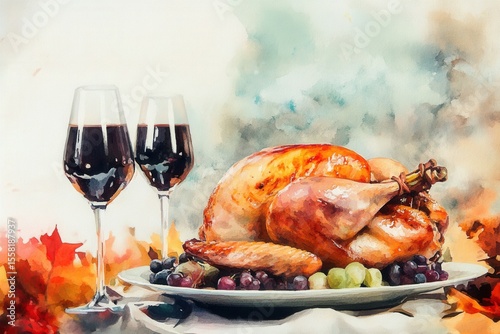 A Festive Thanksgiving Meal Featuring Roast Turkey Surrounded by Fresh Grapes, with Two Glasses of Red Wine and a Warm Autumn Background