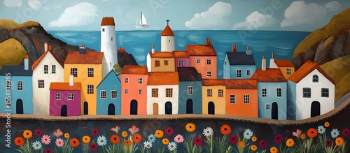 Landscape painting with an ancient city standing in a bay by the sea. Illustration on the theme of paintings, drawing, travel and tourism.