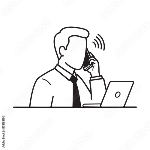 Businessman talking on phone next to laptop modern black and white flat illustration