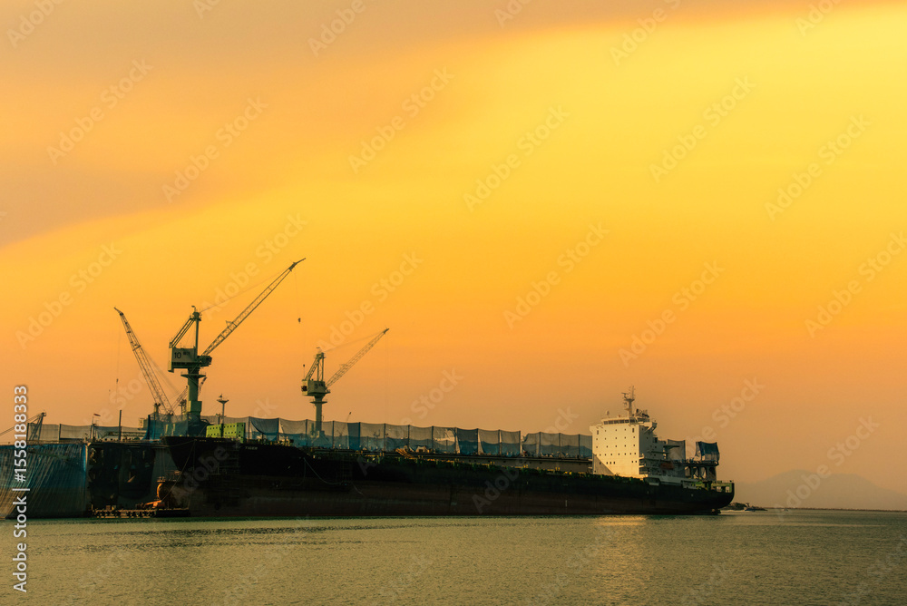 Fototapeta premium Industry landscape on sunset Engineering shipping crane depot at logistic export terminal control. Silhouette Warehouse freight background container yard loading quayside harbor port with copyspace