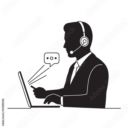 Customer service representative using a laptop and headset communicating with customers through chat.