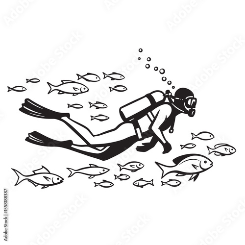 Diver swimming through ocean surrounded by school of fish black and white illustration