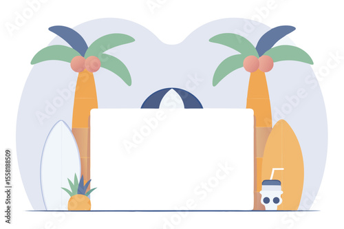 Tropical Palm Tree Paradise Flamingo, Shark, Surf's Up!