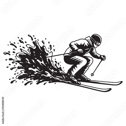 Dynamic black and white illustration of a skier performing a graceful ski turn on the slope