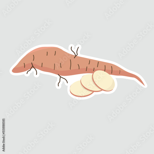 Cassava Vector Illustration Sticker – Root and Sliced Pieces. Simple vector sticker of cassava (yuca) with a whole root and sliced pieces. Perfect for food labels, education, and digital design