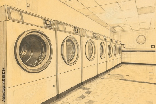 A Minimalist Illustration of a Modern Laundry Facility Featuring Multiple Washer Units in a Neat and Organized Setting with Clean Lines and Subtle Shading