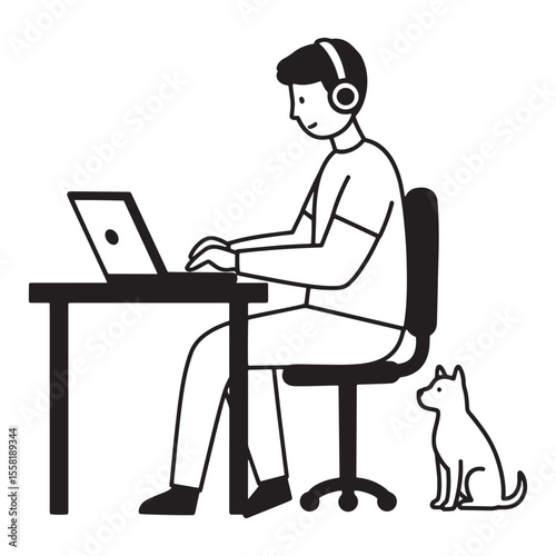 Person working from home with laptop and dog in simple black and white illustration