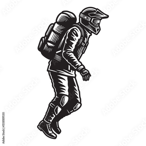 Retro style illustration of a person in protective gear with a backpack soaring through the air