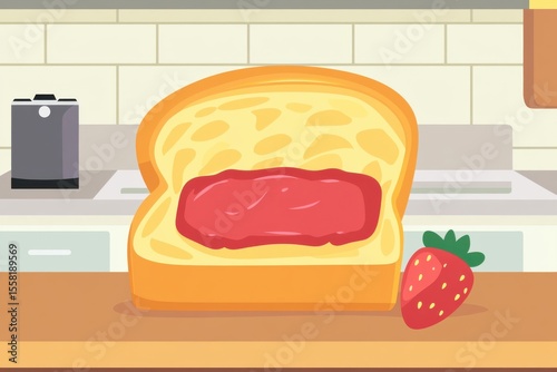 A playful illustration of a slice of bread filled with vibrant red jelly, accompanied by a fresh strawberry on a kitchen countertop, showcasing a delicious and whimsical breakfast setting.