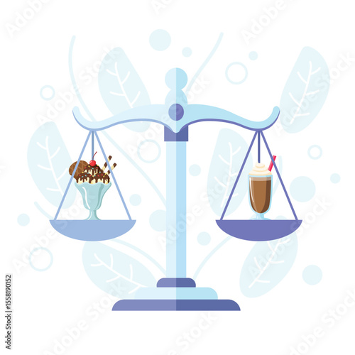 scales to measure calories between two foods. two foods with the same calories. illustration of measuring food calories. food on the scale
