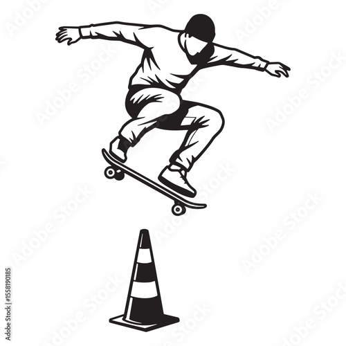 Silhouette illustration of a skateboarder performing a trick over a safety cone