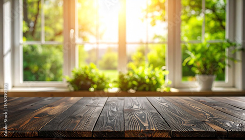 Close-up of an empty table where you can display food against a bright window background with the morning sun.
