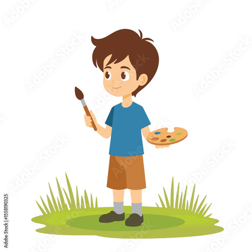 Thoughtful boy painting with brush and palette on grassy field, creativity