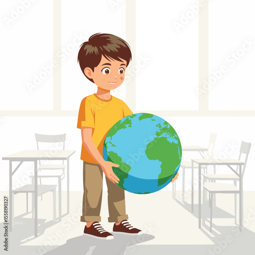 Young boy joyfully holding globe in classroom, learning about the world