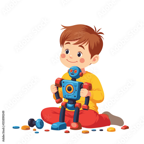 Happy boy playing with colorful broken robot toy, childhood imagination