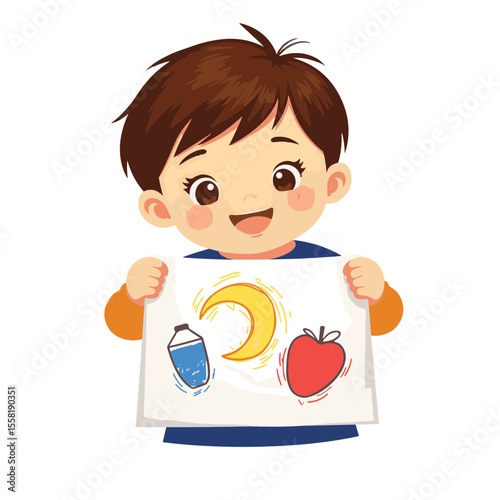 Joyful child holding colorful drawing, artistic expression