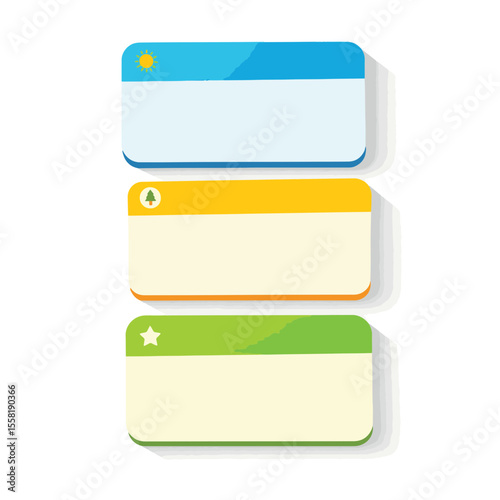 Colorful name tags arranged in a row on white background, branding tools