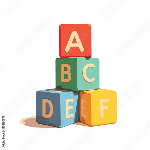 Colorful toddler alphabet stacking blocks on white background, learning concept