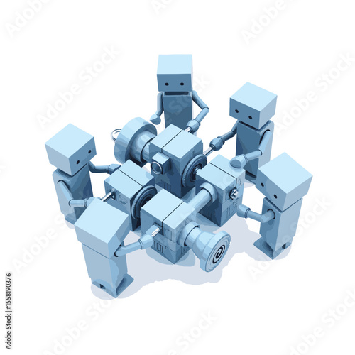 Group of light blue robots collaborating on machinery project, teamwork