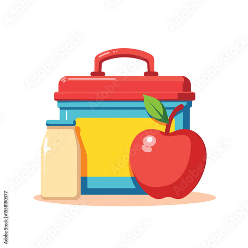 Classic metal lunchbox with apple and milk, nostalgic childhood appeal