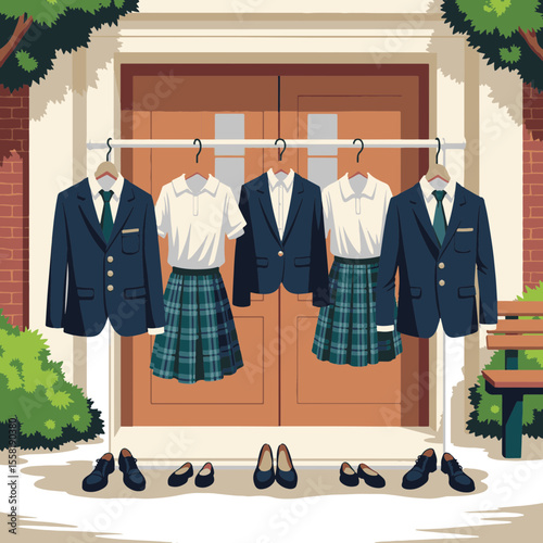 Stylized school uniforms hanging on rack at school entrance, education