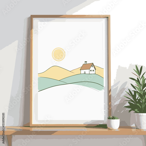 Framed serene landscape drawing in minimalist room, tranquil beauty