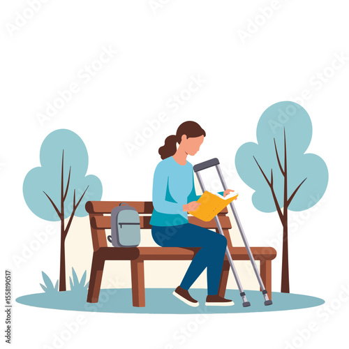 Student reading book on bench in park, resilience and knowledge