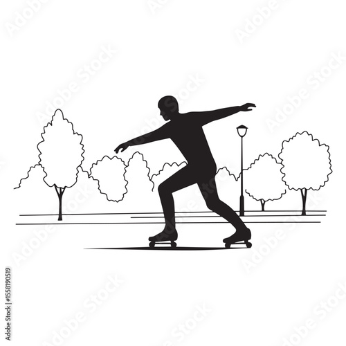 Silhouette illustration of skateboarder in a park performing a skillful trick during a skateboarding session