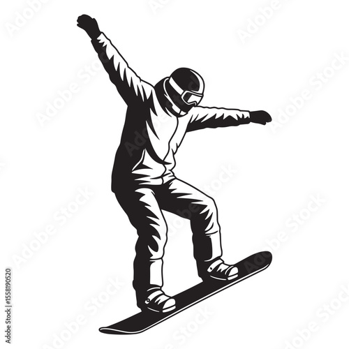 Silhouette illustration of snowboarder in action performing a jump with arms extended upward