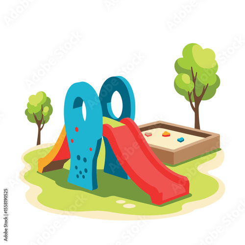 Colorful playground slide with sandbox and trees, playful environment