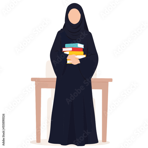 Student in abaya holding colorful books, minimal classroom setting