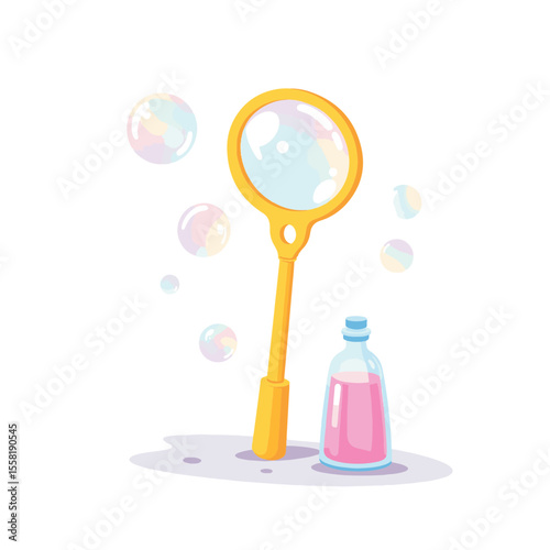 Colorful bubble wand creating translucent bubbles on white background, joy
