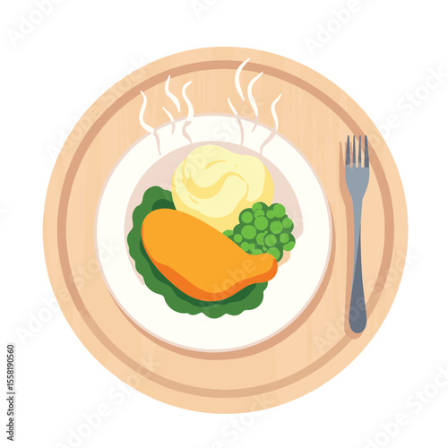Steaming school lunch with chicken and vegetables, nutritious meal