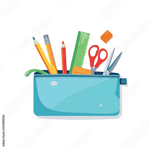 Colorful school supplies in a blue pencil case, organized learning